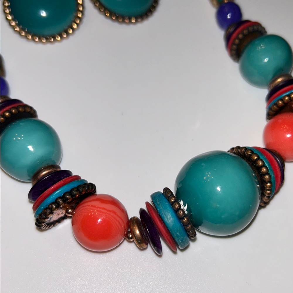 Glazed Ceramic Beads on Knotted Cord Necklace and Matching Earrings Vintage - Picture 2 of 4